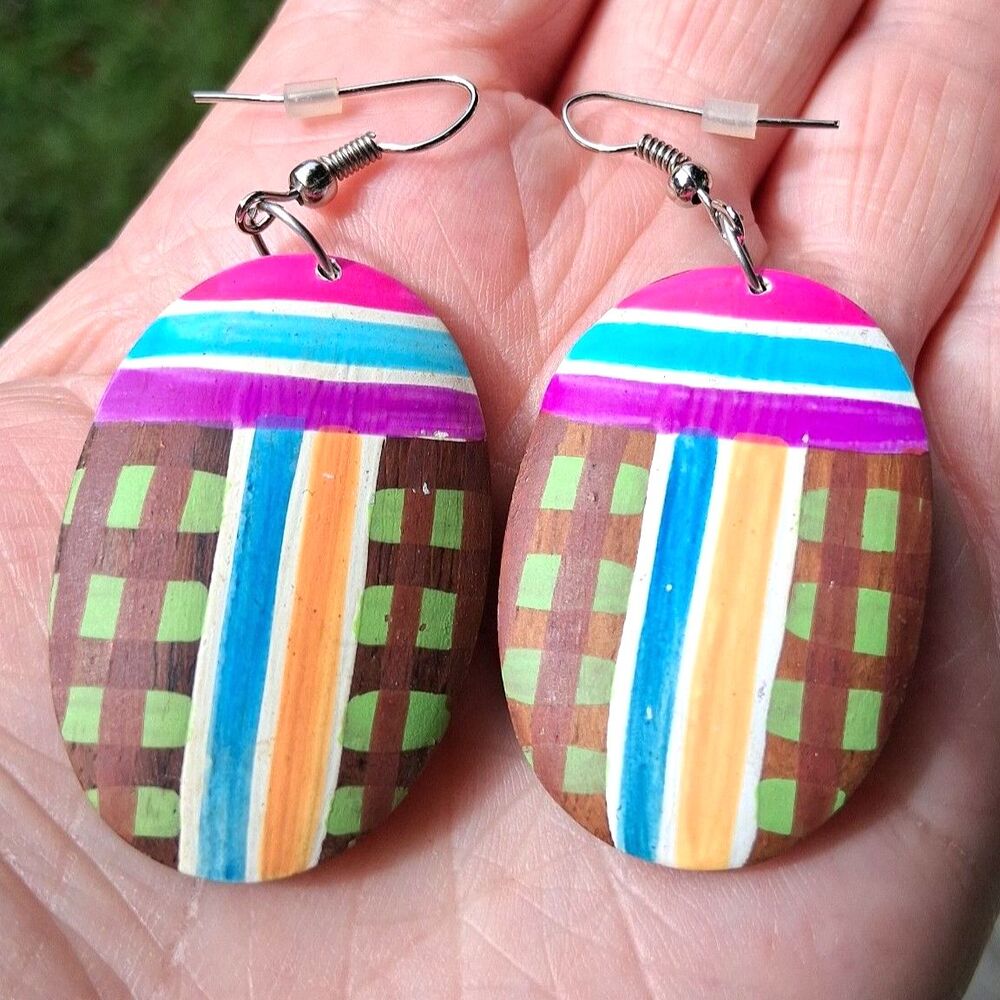 485 Tribal Painted Lightweight Wooden Dangle Earrings Fish Hooks